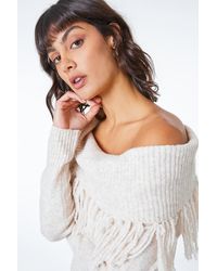 Roman - Longline Bardot Fringe Detail Jumper - Lyst