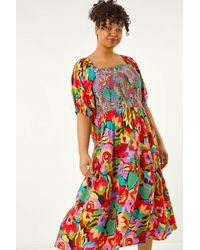 Roman Curve - Floral Shirred Midi Dress - Lyst