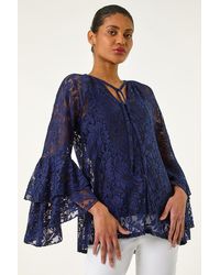Roman - Tie Neck Lace Detail Top - Lyst