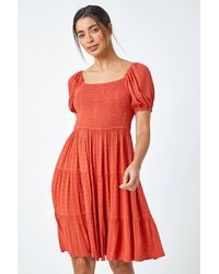 Roman - Metallic Puff Sleeve Shirred Dress - Lyst