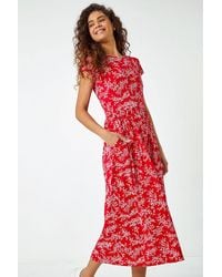Roman - Ditsy Gathered Skirt Stretch Midi Dress - Lyst