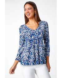 Roman - Leaf Print V-Neck Pintuck Tunic Swing Top - Lyst