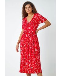 Roman - Floral Print Stretch Wrap Midi Dress - Lyst