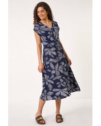 Roman - Leaf Print Buttoned Midi Dress - Lyst