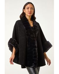 Roman - Faux Fur Trim Knitted Poncho - Lyst