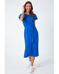 Roman - Ruffle Sleeve Belted Cotton Midi Dress - Lyst