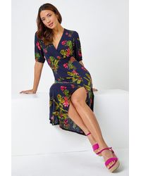 Roman - Tropical Print Stretch Wrap Midi Dress - Lyst