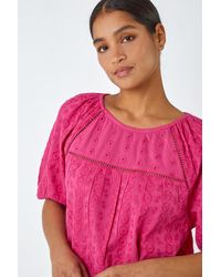 Roman - Broderie Puff Sleeve Cotton Top - Lyst