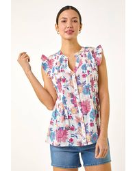 Roman - Floral Print Pintuck Frill Blouse - Lyst
