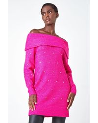 Roman - Embellished Bardot Stretch Longline Jumper - Lyst