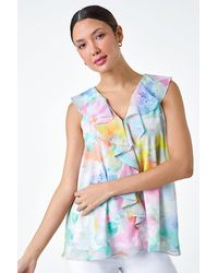 Roman - Floral Print V-Neck Ruffle Front Top - Lyst
