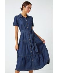 Roman - Denim Tiered Cotton Midi Dress - Lyst