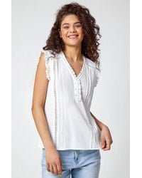 Roman - Ruffle Detail Cotton Crinkle Top - Lyst