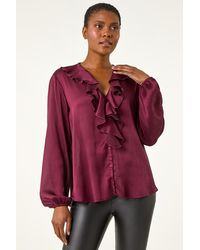 Roman - Ruffle Front V-Neck Satin Blouse - Lyst