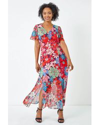 Roman Petite - Floral Button Front Chiffon Midi Dress - Lyst