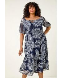 Roman Curve - Leaf Print Tie Neck Midi Dress - Lyst
