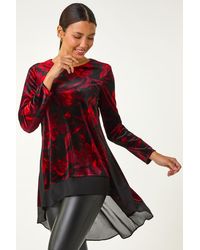 Roman - Velvet Rose Print Chiffon Hem Top - Lyst