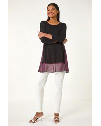 Roman - Animal Print Contrast Mesh Hem Stretch Top - Lyst
