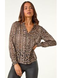 Roman Petite - Animal Print Button Up V-Neck Blouse - Lyst