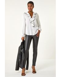 Roman - Ruffle Front V-Neck Satin Blouse - Lyst