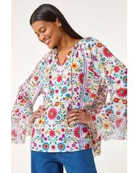 Roman - Tie Front Floral Print Top - Lyst