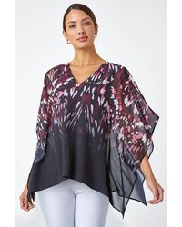 Roman - Abstract Print Chiffon Overlay V-Neck Top - Lyst