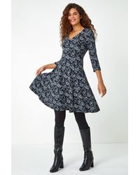 Roman - Rose Print Cotton Blend Stretch Dress - Lyst