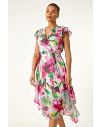 Roman - Floral Ruffle Tie Waist Midi Dress - Lyst