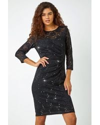 Roman - Sequin Lace Ruched Stretch Dress - Lyst