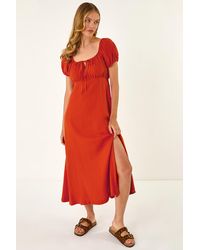 Roman - Puff Sleeve Linen Mix Midi Dress - Lyst