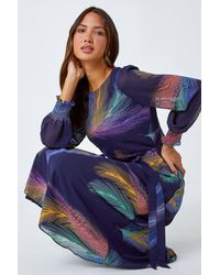 Roman - Feather Print Belted Midi Dress - Lyst