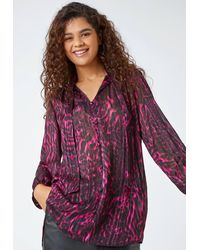 Roman - Animal Print Tie Neck Chiffon Top - Lyst