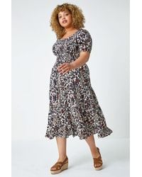Roman Curve - Leopard Print Shirred Tiered Midi Dress - Lyst