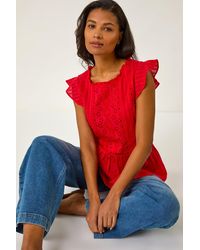Roman - Broderie Anglaise Frill Sleeve Top - Lyst