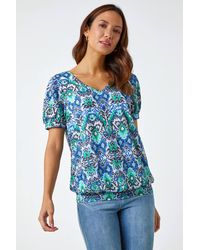 Roman - Aztec Burnout Print V-Neck Blouson Hem Top - Lyst