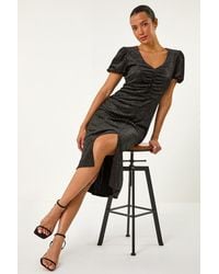 Roman - Velvet Ruched Front Stretch Midi Dress - Lyst