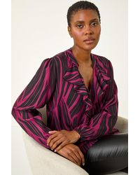 Roman - Linear Print Ruffle V-Neck Top - Lyst