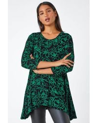Roman - Floral Print Hanky Hem Stretch Tunic Top - Lyst