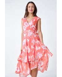 Roman - Embellished Floral Print Tiered Midi Dress - Lyst