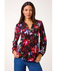 Roman - Floral Print Tie Neck Stretch Top - Lyst