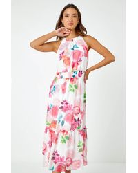 Roman - Floral Print Halterneck Chiffon Tiered Dress - Lyst