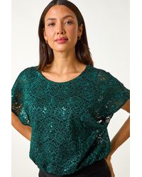 Roman - Sequin Lace Overlay Stretch Top - Lyst
