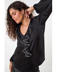 Roman - Ruffle Front V-Neck Satin Blouse - Lyst