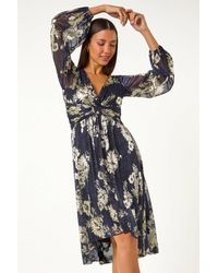 Roman - Foil Print Twist Front V-Neck Plisse Dresss - Lyst
