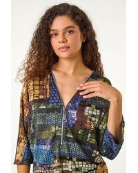 Roman - Abstract Print Front Zip Stretch Top - Lyst