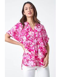 Roman - Floral Print V-Neck Pleat Front Overshirt - Lyst