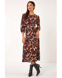 Roman - Animal Print Gathered Stretch Midi Dress - Lyst