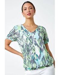 Roman - Animal Burnout Print V-Neck Blouson Top - Lyst