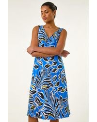 Roman - Leaf Print V-Neck Gathered Dress - Lyst