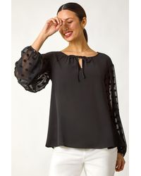 Roman - Dobby Sleeve Tie Neck Top - Lyst
